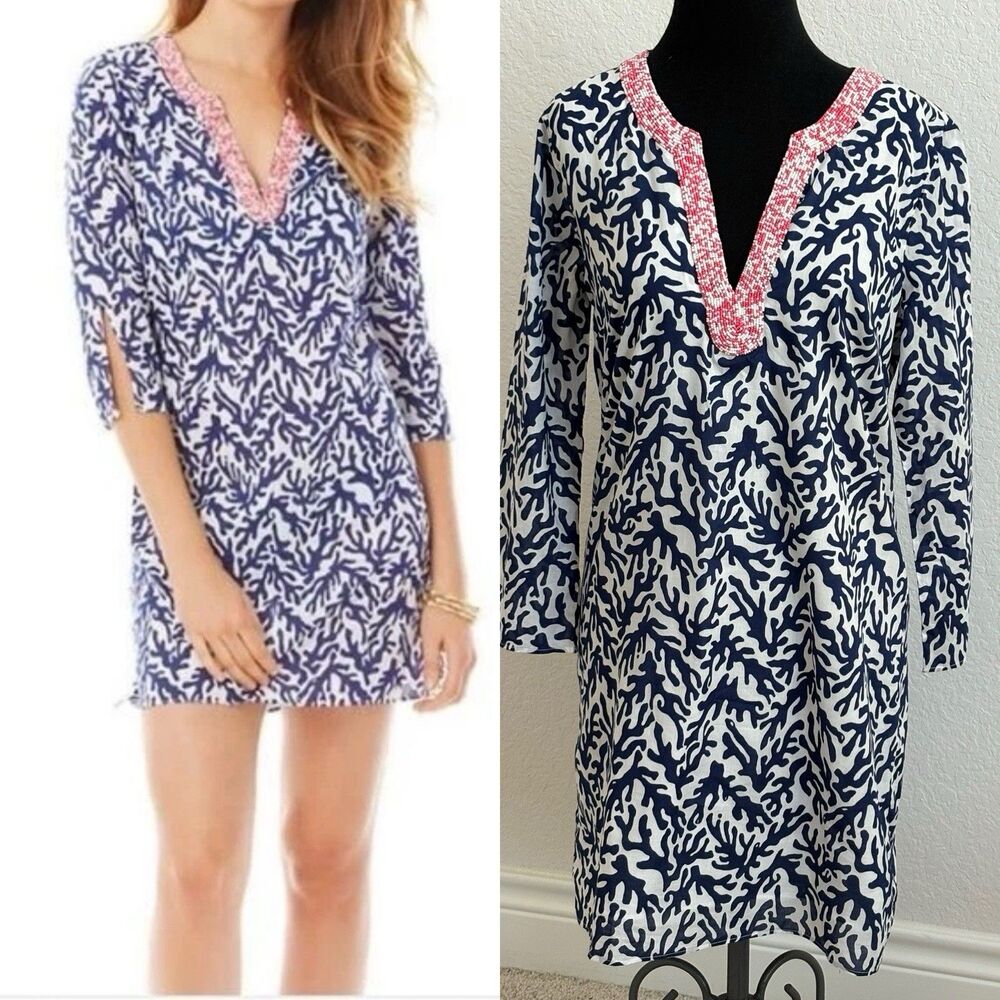 Lilly Pulitzer Courtney Tunic Dress Navy Coral Print Pink Beaded V Neck Shift M